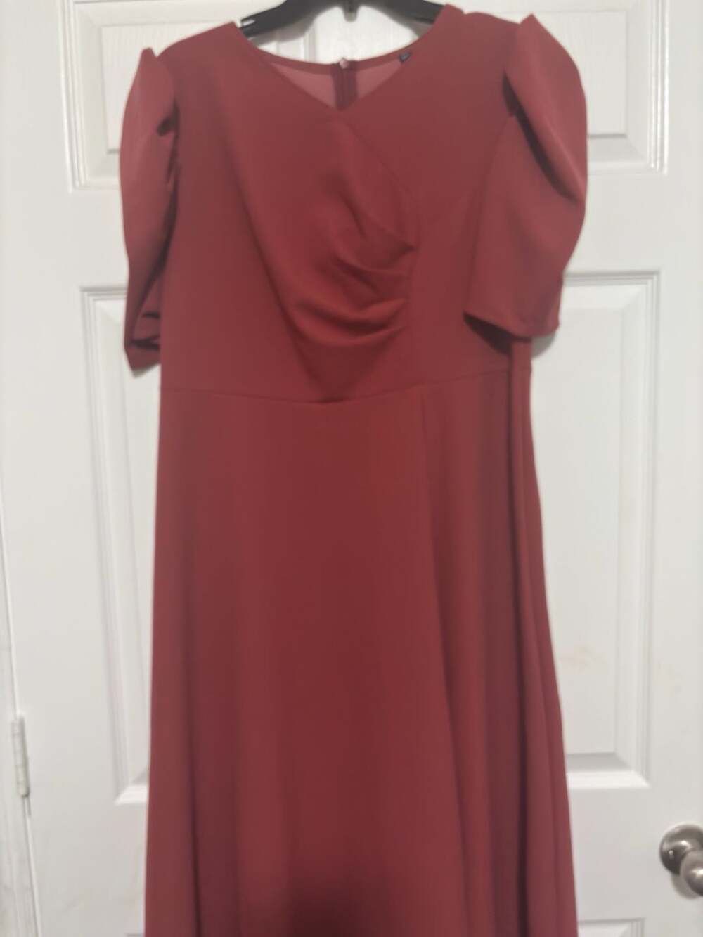 Rusty Orange Belted Midi Dress with Puff Sleeves - Picture 7 of 8